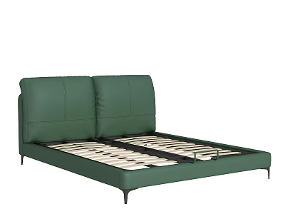 Green Double Bed With Leather Headboard Modern Design Metal Legs Slat Support System 3d model