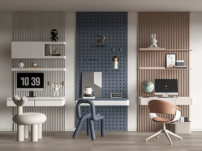 Modern Home Office Desk With Pegboard Wall Shelves Decorative Items Computer And Chairs 3d model