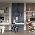 Modern Home Office Desk With Pegboard Wall Shelves Decorative Items Computer And Chairs