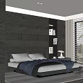 Modern Bedroom Interior With Large Bed Gray Bedding Bookshelf Nightstand Window Blinds And Area Rug