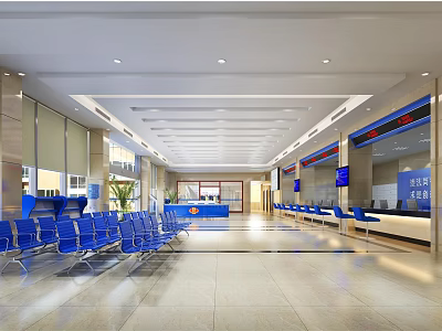 Modern Service Hall Interior With Blue Waiting Chairs Service Counters And Digital Screens 3d model