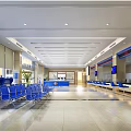 Modern Service Hall Interior With Blue Waiting Chairs Service Counters And Digital Screens