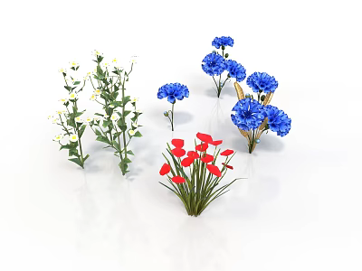 Decorative Plants With White Flowers Green Stems Blue And Red Blooms Against White Background 3d model