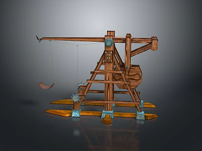 Historical Wooden Catapult Model Featuring Metal Components And Blue Accents Base 3d model