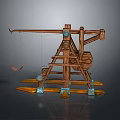 Historical Wooden Catapult Model Featuring Metal Components And Blue Accents Base