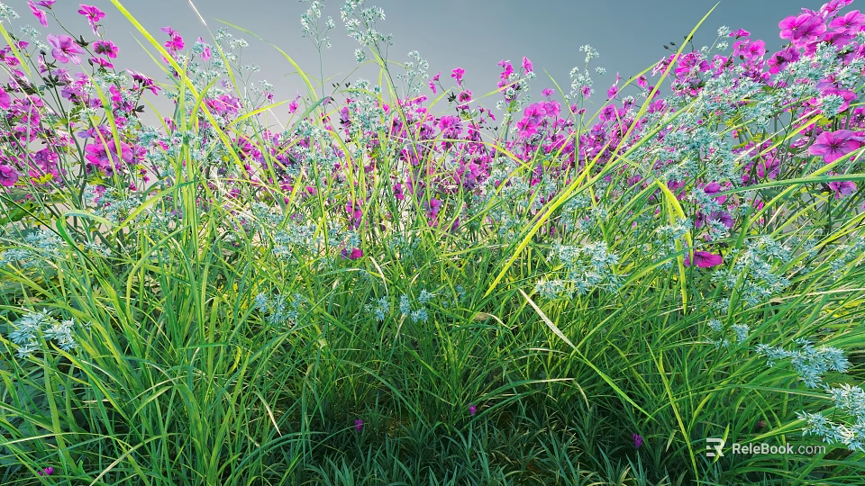 Vibrant Natural Meadow With Purple Flowers Green Grass And Small White Blooms 3d model 