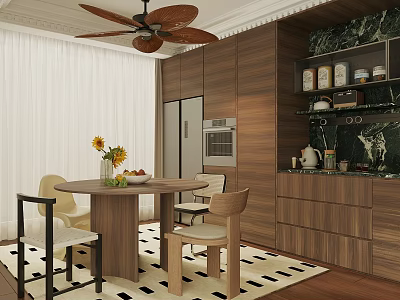 Modern Dining Room Interior With Round Table Sunflowers Fruit Platter Wooden Cabinets And Marble Wall 3d model