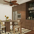 Modern Dining Room Interior With Round Table Sunflowers Fruit Platter Wooden Cabinets And Marble Wall