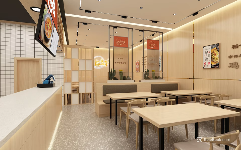 Simple Modern Restaurant Interior With Open Layout Wooden Walls And Menu Screens 3d model 