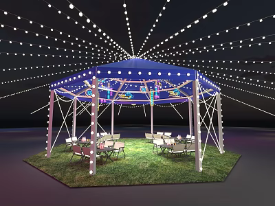 Outdoor Tea Break Area With Blue Canopy String Lights Grass Lawn And Tables Chairs 3d model