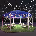 Outdoor Tea Break Area With Blue Canopy String Lights Grass Lawn And Tables Chairs