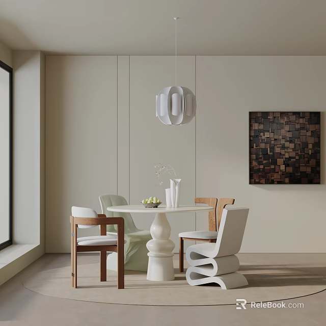 Modern Dining Table Set With Green And White Chairs Pendant Light And Wall Art 3d model 