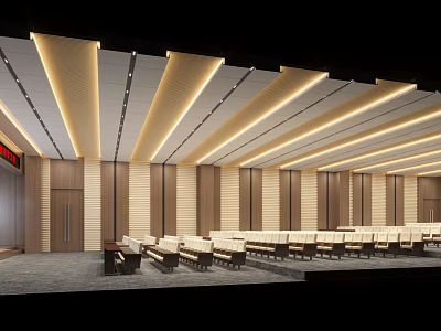 Modern Conference Room Interior With Wooden Panel Walls Ceiling Light Strips And Arranged Seats 3d model