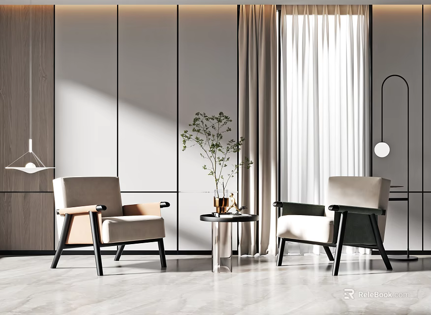 Modern Leisure Chair Set With Two Seats Small Coffee Table And Green Plant Interior Design 3d model 