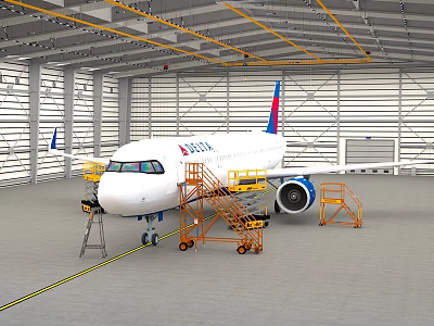 Passenger Airliner in Maintenance Hangar with Yellow Ladders Equipment and Metal Structure Lighting 3d model