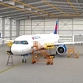 Passenger Airliner in Maintenance Hangar with Yellow Ladders Equipment and Metal Structure Lighting