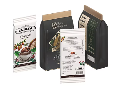 ELIZZA Chocolate Packaging Bags With Nut Design Elements And Product Labels 3d model