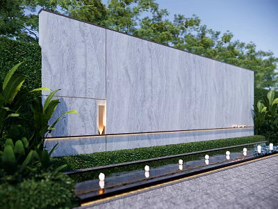 Outdoor Grey Stone Feature Wall With Lush Greenery Water Feature And Illuminated Lights 3d model