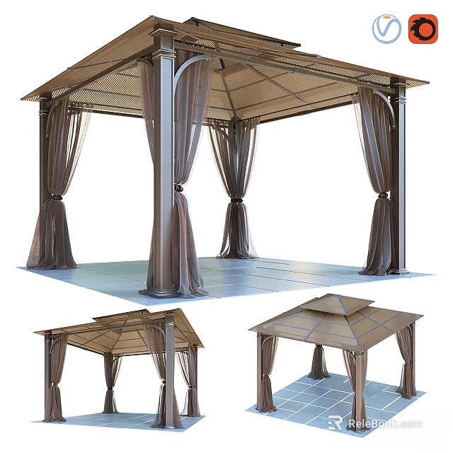 Outdoor Gazebo Architectural Components With Canopy Roof Metal Columns Hanging Drapes And Platform Floor 3d model 