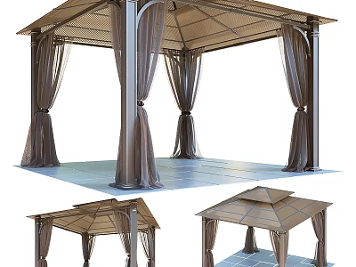 Outdoor Gazebo Architectural Components With Canopy Roof Metal Columns Hanging Drapes And Platform Floor 3d model