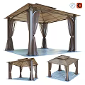 Outdoor Gazebo Architectural Components With Canopy Roof Metal Columns Hanging Drapes And Platform Floor