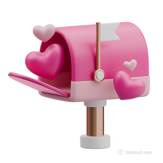 Cute Pink Open Mailbox With Heart Decorations And Golden Pole Stand 3d model 