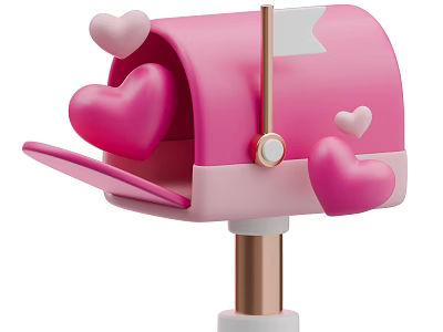 Cute Pink Open Mailbox With Heart Decorations And Golden Pole Stand 3d model