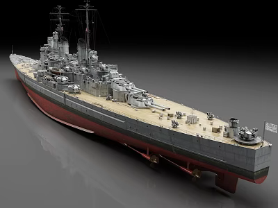 Detailed Battleship Model Featuring Gray Hull Red Bottom And Turret Structures 3d model