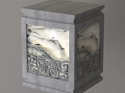 Gray Wooden Stool With Marble Panel Featuring Landscape And Carved Patterns 3d model