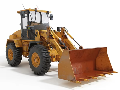 Yellow Front Loader Utility Vehicle With Large Bucket Heavy Duty Tires And Cab 3d model