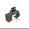 Modern Wooden Desk With Monitor Table Lamp Mug And Gray Chair For Home Office