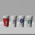 Various Branded Coffee Cups with Different Logos Arranged in a Row