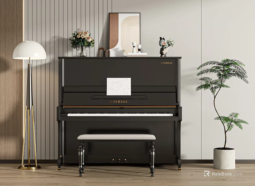 Chic Piano Room With Black Yamaha Upright Piano And Decor Elements 3d model 