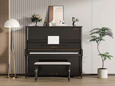 Chic Piano Room With Black Yamaha Upright Piano And Decor Elements 3d model