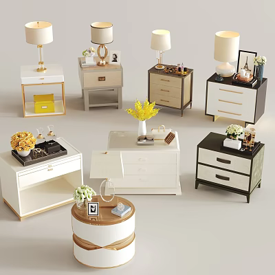 Modern Stylish Nightstands With Diverse Designs Drawers Lamps And Decorative Flowers 3d model