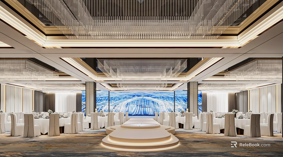 Elegant Banquet Hall Interior With Crystal Chandeliers Circular Stage And Large Screen Backdrop 3d model 