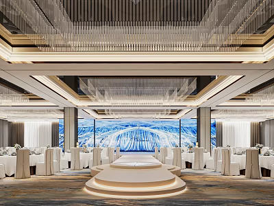 Elegant Banquet Hall Interior With Crystal Chandeliers Circular Stage And Large Screen Backdrop 3d model