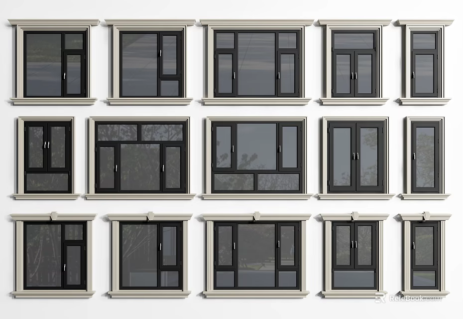 Various Modern Window Designs With Different Frame Styles And Glass Panels 3d model