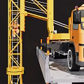 Yellow Heavy Duty Construction Vehicle Transporting Concrete Bridge Slab With Crane Structure At Construction Site