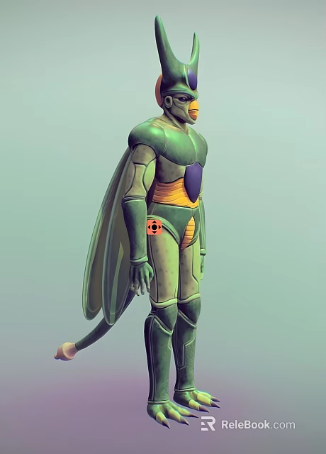 Man in Green Armor With Yellow Purple Accents Wings And Tail Character Design 3d model 