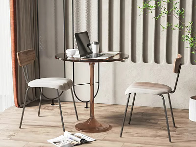 Round Table with Wooden Backrest Chairs Upholstered Seat Metal Base Green Plant Indoor 3d model