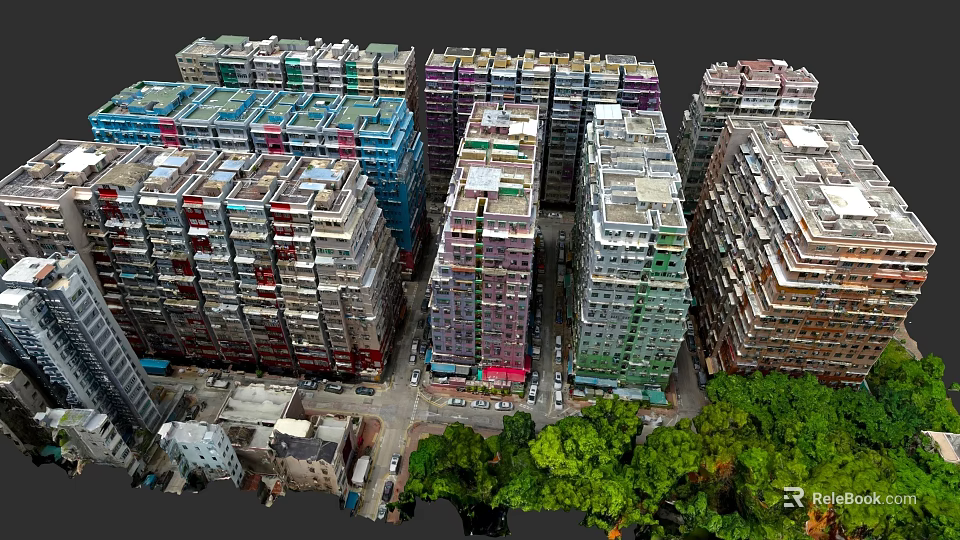 Colorful Urban High Rise Buildings With Dense Layout Street Vehicles And Green Trees 3d model 