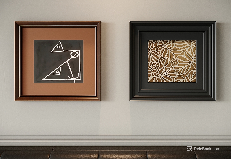 Abstract Paintings in Brown and Black Frames with Geometric Design and Leaf Pattern on Wall 3d model 