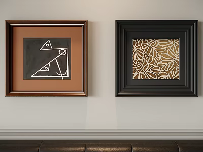 Abstract Paintings in Brown and Black Frames with Geometric Design and Leaf Pattern on Wall 3d model