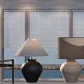 Accent Chair Interior With Venetian Blinds Two Table Lamps And Sea View