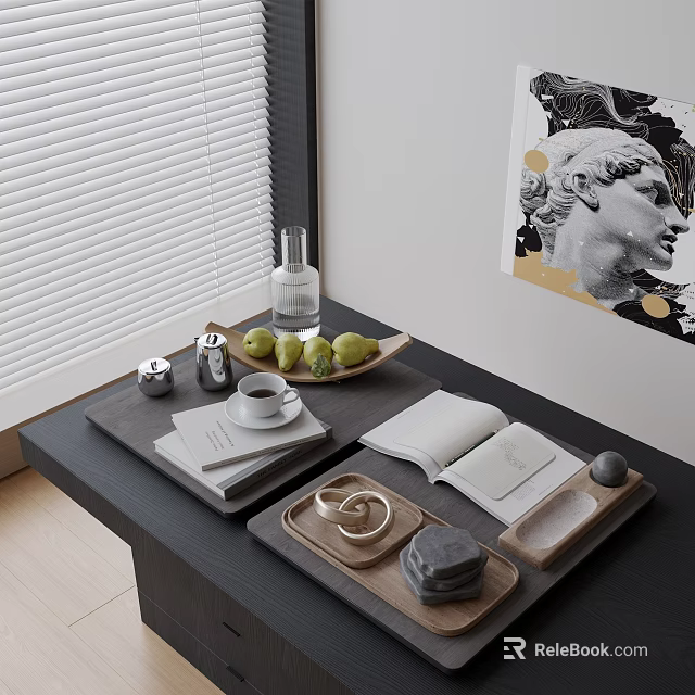 Modern Tabletop Ornament Set With Tray Water Bottle Fruits Coffee Cup Books And Wall Art 3d model 