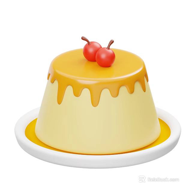 Creamy Vanilla Pudding Topped with Golden Caramel Sauce and Fresh Cherries on White Plate 3d model 
