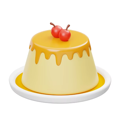Creamy Vanilla Pudding Topped with Golden Caramel Sauce and Fresh Cherries on White Plate 3d model