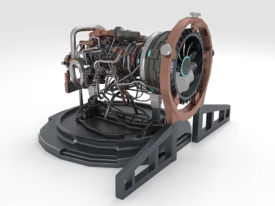 Industrial Equipment Precision Turbine Engine Structure With Metal Pipes And Fan Blades On Mounting Frame 3d model