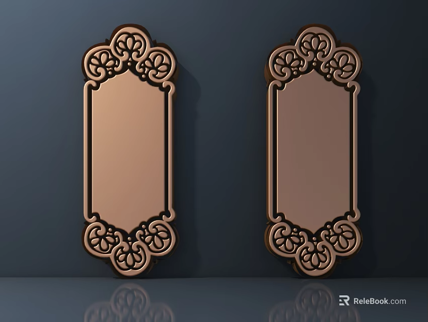 Carved Copper Rectangular Plaques with Intricate Ornate Decorative Patterns 3d model 